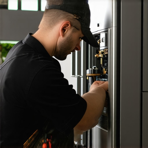 Professional technician checking the compressor of a refrigerator in a stylish kitchen.