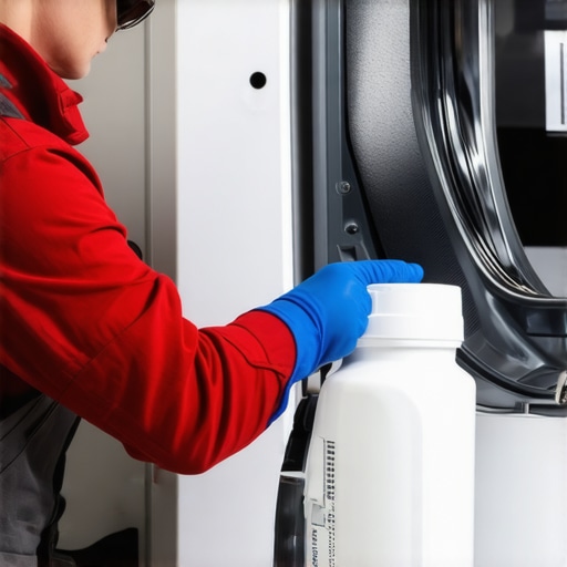 A technician cleaning washing machine pump and filter.