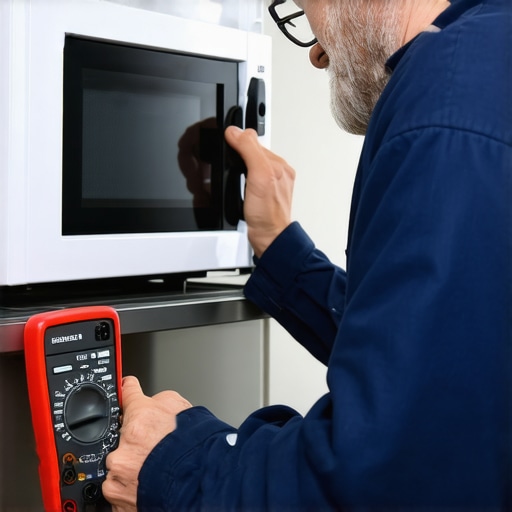 Technician using multimeter to check microwave door switches