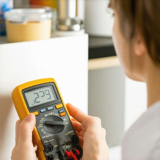 A technician measuring a fridge's thermostat wiring using a digital multimeter.