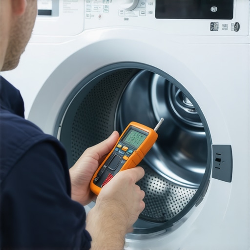 Technician using multimeter to test washing machine door sensor