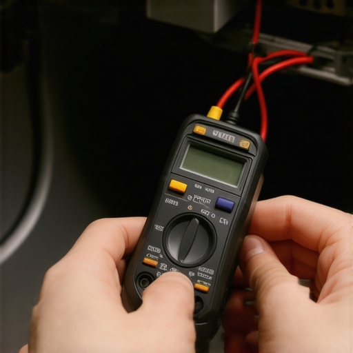 Person using multimeter to test thermal fuse in a dryer compartment