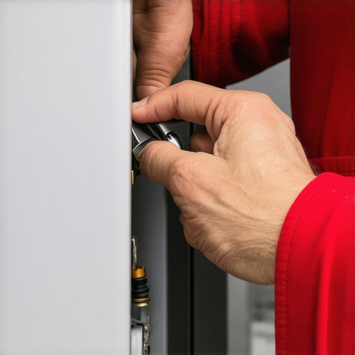 Person tightening water line connector at refrigerator back