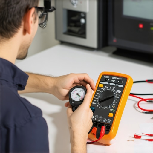 Technician checking appliances with multimeter and pressure gauge in workshop