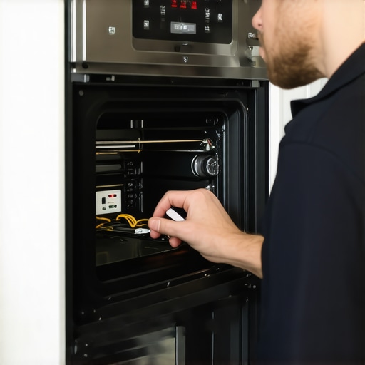 Technician checking oven wiring and ignition system during repair.