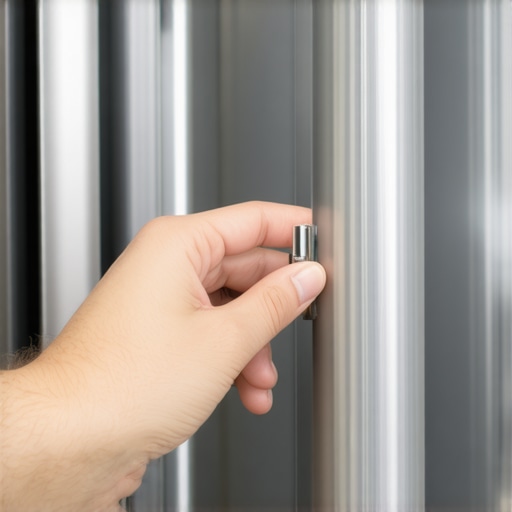 A person shutting off a small water valve located behind a refrigerator in a kitchen setting.