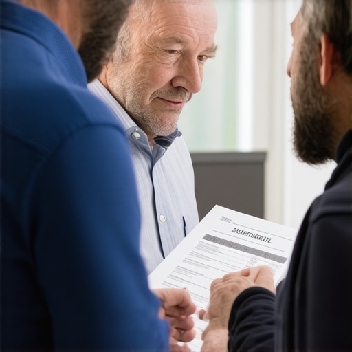 A homeowner reading warranty papers with a technician nearby