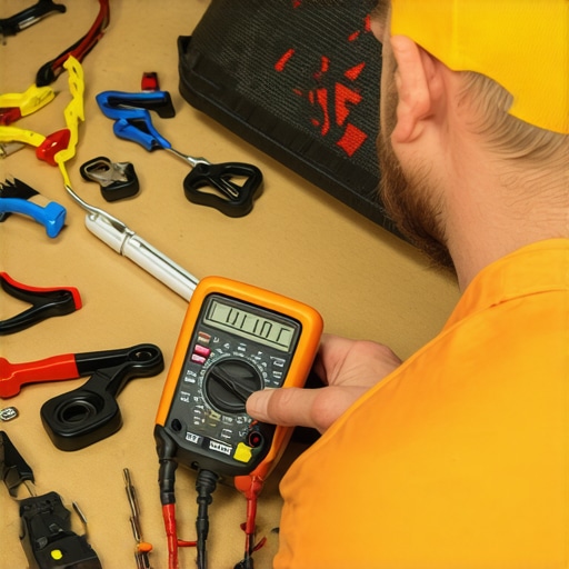 Person measuring electrical connections in an appliance with a multimeter