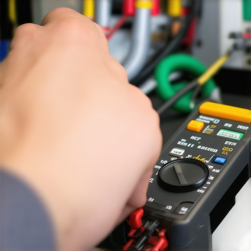 Technician testing appliance wiring with a multimeter for maintenance.