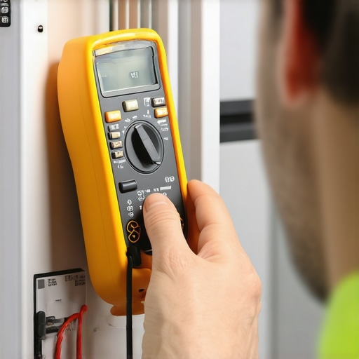 A technician testing an appliance's electrical component with a multimeter in a workshop