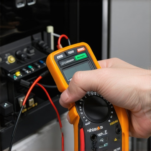 Technician testing an appliance with a multimeter in a kitchen