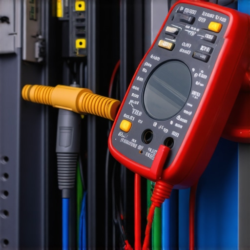 Technician measuring voltage in appliance with a multimeter in a workshop