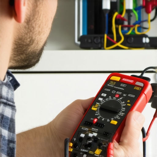 Hand holding a multimeter testing appliance wiring in kitchen