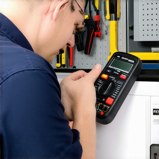 Technician testing an appliance with a multimeter in a professional setting.