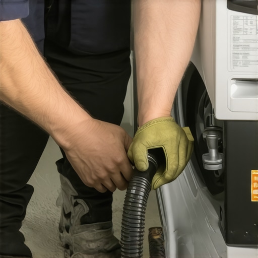Professional installer connecting water drain hose to washing machine with proper setup