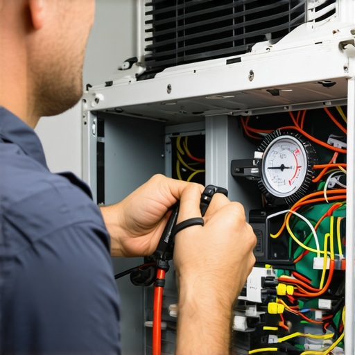 HVAC technician checking electrical parts inside an air conditioner during repair