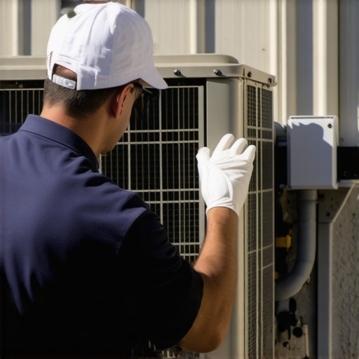 Technician inspecting outdoor air conditioning unit for overheating issues