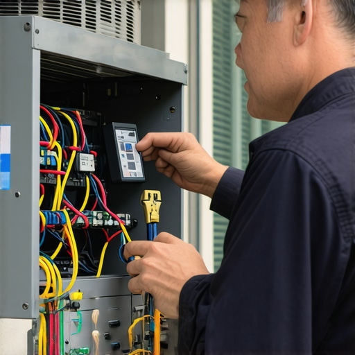 Technician checking electrical connections on AC outdoor unit