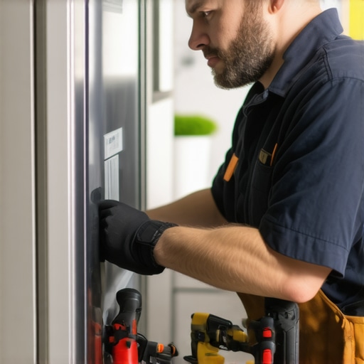 Technician repairing a refrigerator with tools in a contemporary kitchen environment.