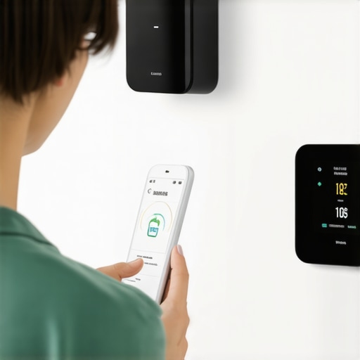 Person adjusting calibration settings on a smart thermostat with digital display