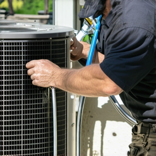 Tech cleaning air conditioner's outdoor condenser coil with hose