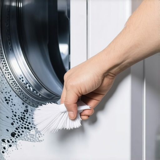 Person scrubbing washing machine gasket to remove mold with vinegar and brush