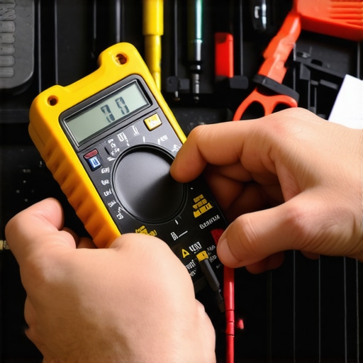 Technician testing electrical connections of an appliance using a multimeter.