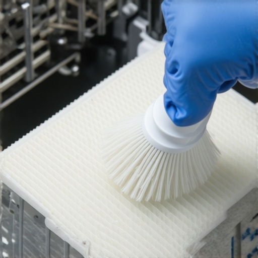 Person scrubbing dishwasher filter to remove debris and mineral buildup.