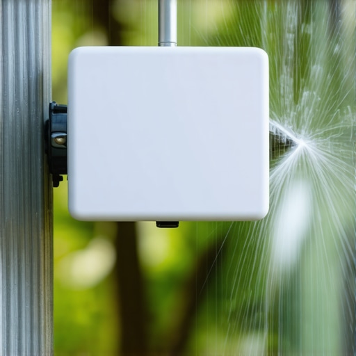 Wi-Fi booster connected near outdoor sprinkler to improve weather feed connection