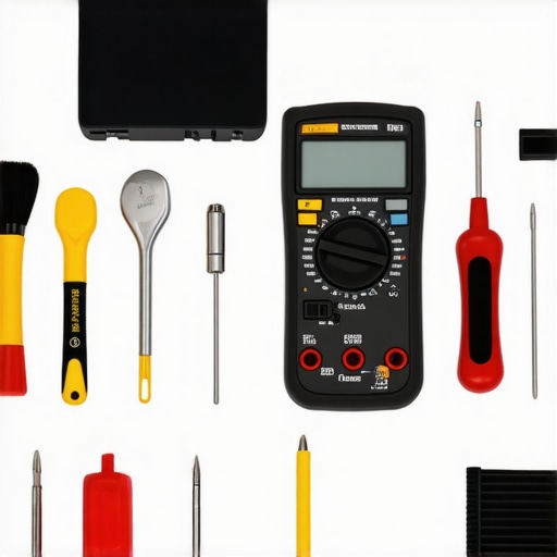 A photograph of a toolkit containing a multimeter, screwdrivers, and cleaning brushes for appliance repair.