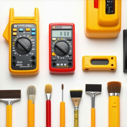 Tools like multimeter, brushes, and laser level arranged on a workbench for appliance care.