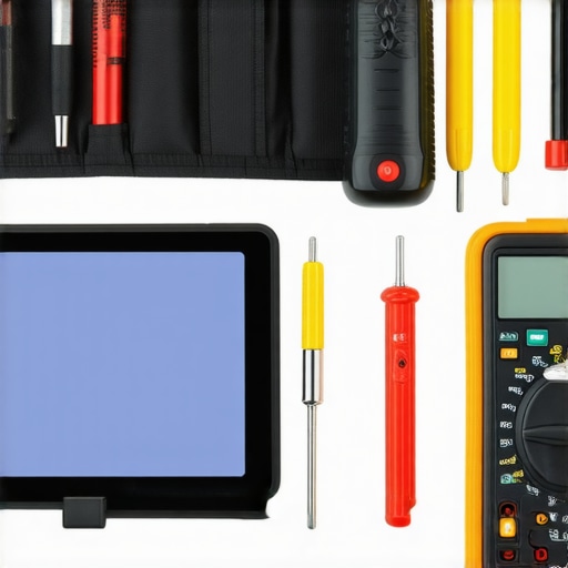 Tools including multimeter and screwdrivers laid out for appliance maintenance