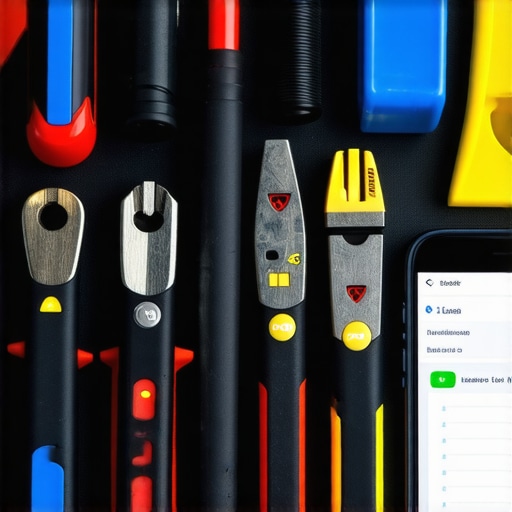 A well-organized toolbox containing a multimeter, gasket scraper, and a smartphone with diagnostic software open.