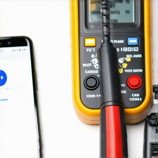 Multimeter and smartphone displaying diagnostic app for appliances