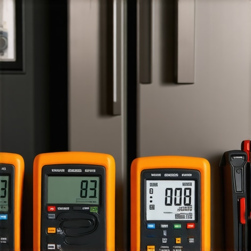 Professional diagnostic tools and digital meters arranged next to an appliance, emphasizing proper maintenance equipment.