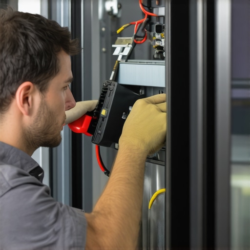Technician examining appliance parts with tools in a workshop.