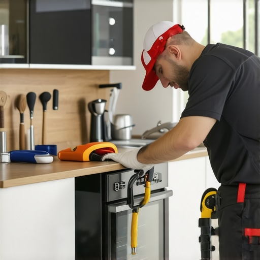 Technician installing an appliance properly in a kitchen setting.