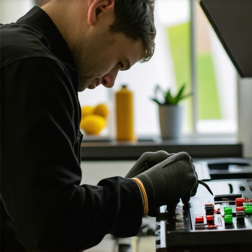 Technician repairing a refrigerator with diagnostic tools in a kitchen