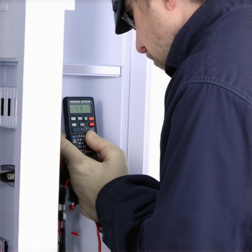 Technician using multimeter to test refrigerator's electrical circuit.