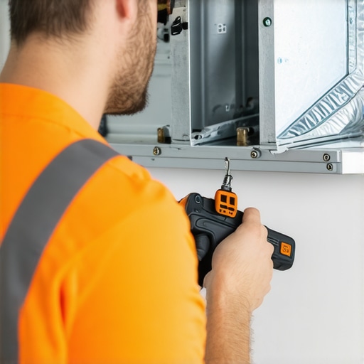 Technician inspecting and sealing duct connections in a heating system