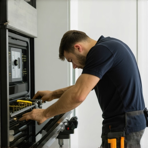 Technician repairing a dishwasher in a modern kitchen