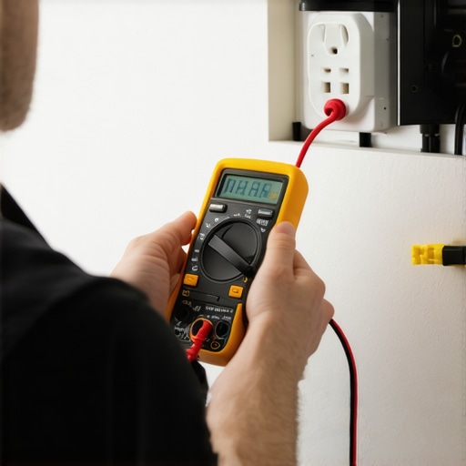 Technician testing household electrical outlet with multimeter for voltage levels.