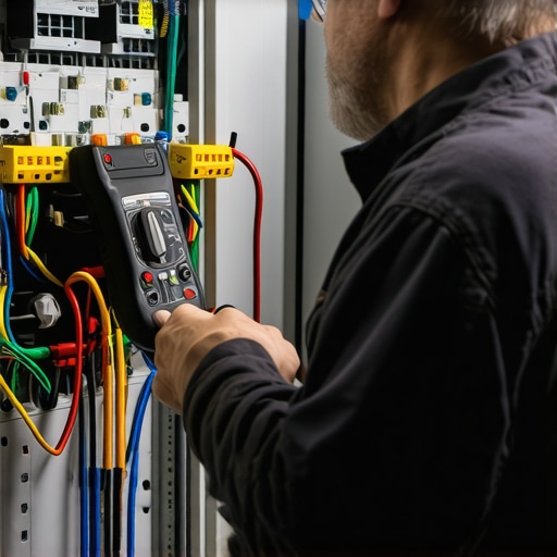 Technician testing an appliance with a multimeter and various tools for maintenance