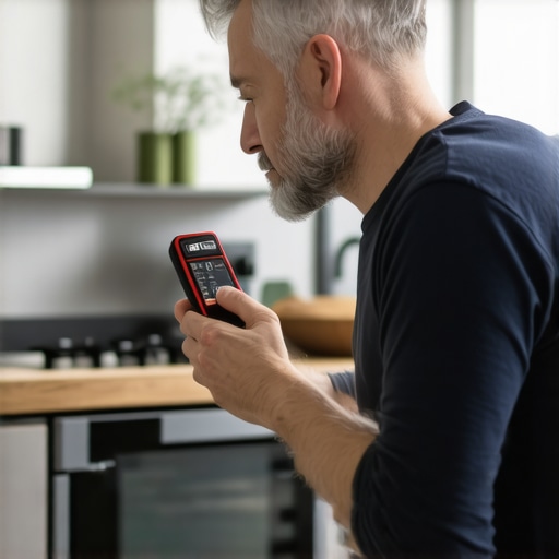 Person checking electrical connections with a multimeter and inspection camera in kitchen.