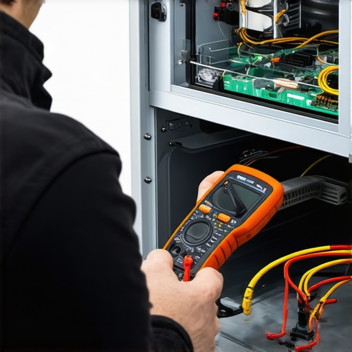 Person using a multimeter to check appliance wiring in kitchen