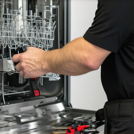Technician checking dishwasher spray arm for clogs and damage