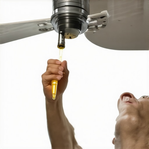 Person applying light oil to a fan motor to prevent squeaks and ensure smooth operation.