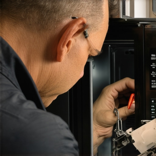 Technician testing microwave components with a multimeter.