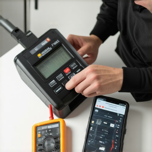 Technician testing appliances with digital tools and smartphone app for maintenance