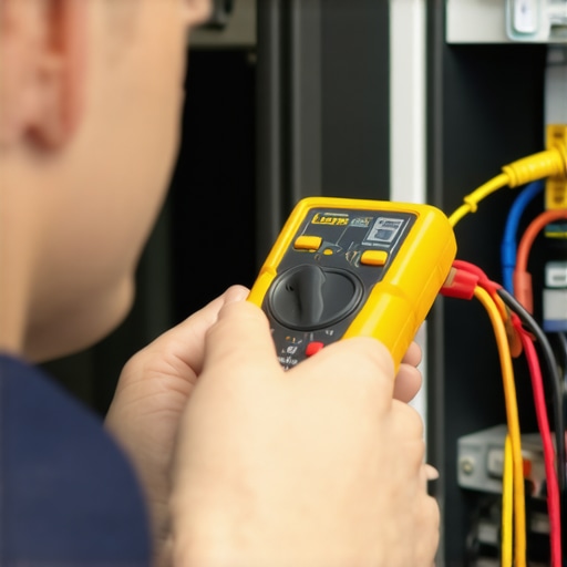 Technician testing appliance wiring with a digital multimeter in a modern kitchen